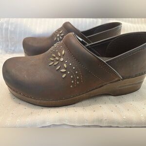 Dansko Dark Brown Leather Clogs with  Design